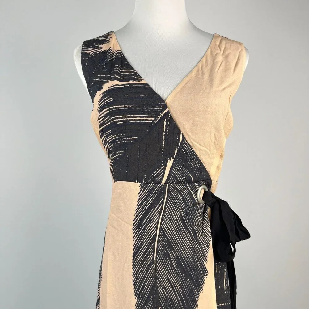 NWT Mint Velvet Beige / Peach Black Feather Pencil Midi TIE Dress US 4 UK 8 - Picture 4 of 13